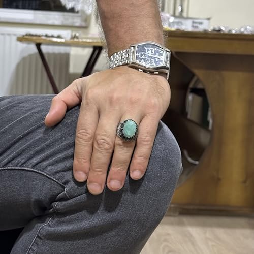 Doğal Amazonit Taş Yüzük - 925 Ayar Gümüş El İşi Erkek Takı