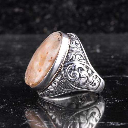 KAMBO Doğal Sarı Safir Taşlı Büyük Yüzük Erkekler için - Yönlü Oval Taş Vintage Kazınmış Bildiri Yüzüğü - 925 Ayar Gümüş