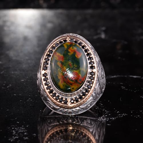 Erkekler için Doğal Taşlı Büyük Yüzük – Oval Taşlı Vintage Bizans Kazınmış Bildiri Yüzüğü-Antik Telkari 925 Ayar Gümüş T