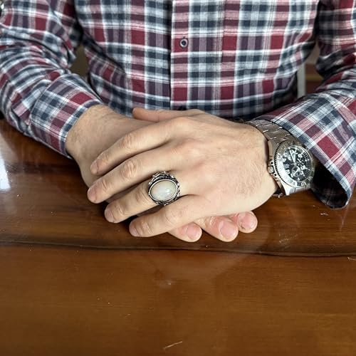 KAMBO Doğal Opal Taşlı Erkek Yüzük 925 Ayar Gümüş Oval Kabaşon Endüstriyel Tasarım El Yapımı Yüzük - 6