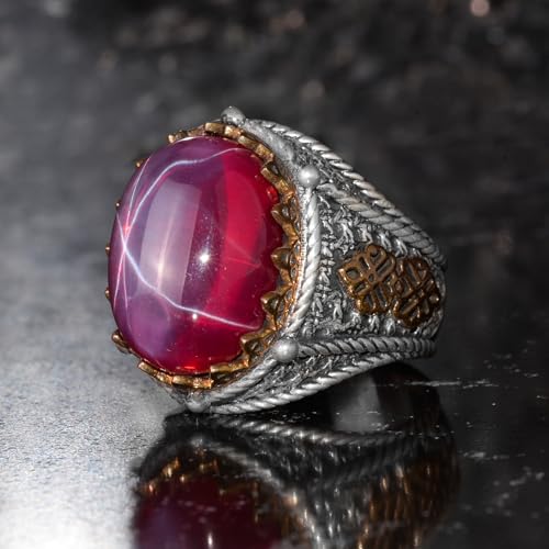KAMBO Doğal 6 Ray Yıldız Yakut Taşlı Erkek Yüzük 925 Ayar Gümüş Bronz Detaylı Osmanlı Desen El Yapımı Bildiri Yüzüğü