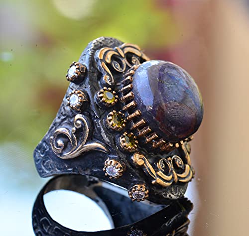 Doğal Yıldız Yakut Taş, Antik Yüzük, 925 Ayar Gümüş Erkek Yüzük, Gümüş Erkek Accessory, Mor