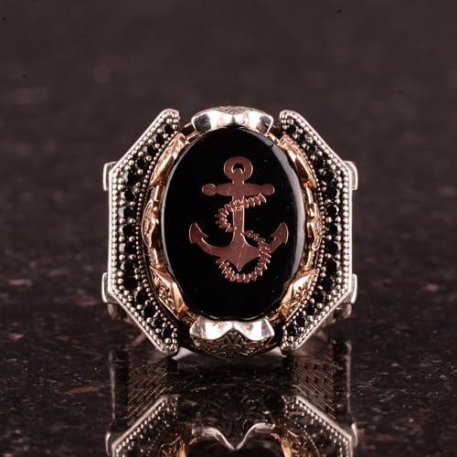 925 Ayar Gümüş Erkek Yüzük - Çapa Yüzük - Captain Denizci Yüzük - Marine Themed Takı