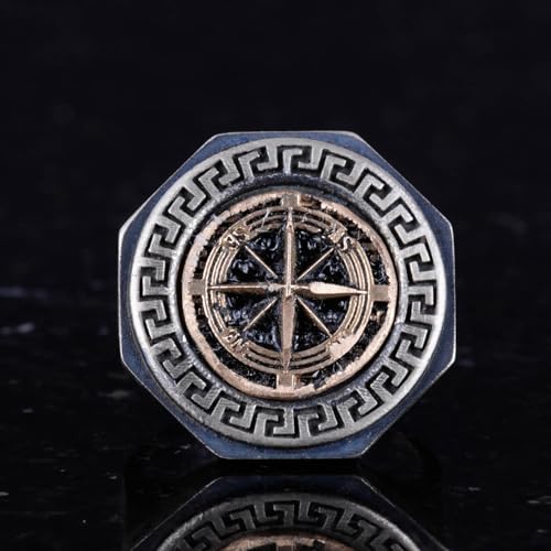 925 Ayar Gümüş Yüzük - Greek Key Tasarım Erkek Yüzük - El İşi Yüzük (Compass)