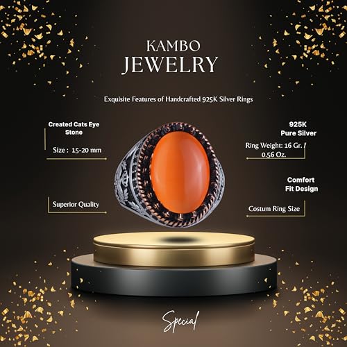 Kambo 925 Ayar Gümüş Erkek Yüzük - Kartal Figürlü Sentetik Taşlı El İşi Yüzük (Turuncu Kedi Gözü)