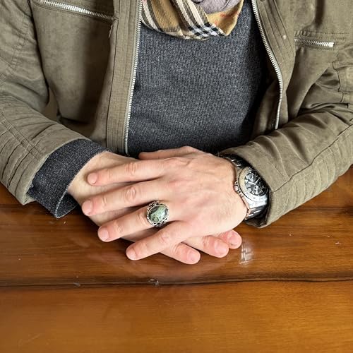 KAMBO Doğal Taş Yüzük 925 Ayar Gümüş – El Yapımı Erkek Bildiri Yüzüğü Şifa Takı (Yeşil Göz)