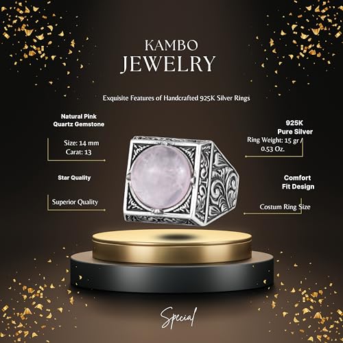 KAMBO Doğal Yuvarlak Taşlı Kare Erkek Yüzük 925 Ayar Gümüş – Osmanlı Desen El Yapımı Taşlı Yüzük (Pembe Kuvars)