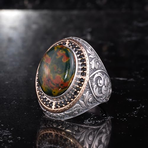 Erkekler için Doğal Taşlı Büyük Yüzük – Oval Taşlı Vintage Bizans Kazınmış Bildiri Yüzüğü-Antik Telkari 925 Ayar Gümüş T
