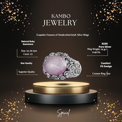 KAMBO 925 Ayar Gümüş Doğal Taşlı Erkek Yüzük – Erkekler için El Yapımı Çiçekli Vintage Bildiri Yüzüğü (Yakut)