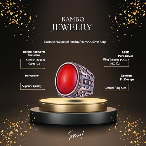 KAMBO Doğal Kırmızı Mercan Taş erkek Yüzük 925 Ayar Gümüş Oval Cabochon Osmanlı Tarzı Bronz Ton El Yapımı Yüzük - 4
