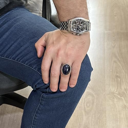 Yapay Taşlı Yüzük, 925 Ayar Gümüş Erkek Yüzüğü, Büyük Boy Yüzük (Mavi Güneş Taşı)