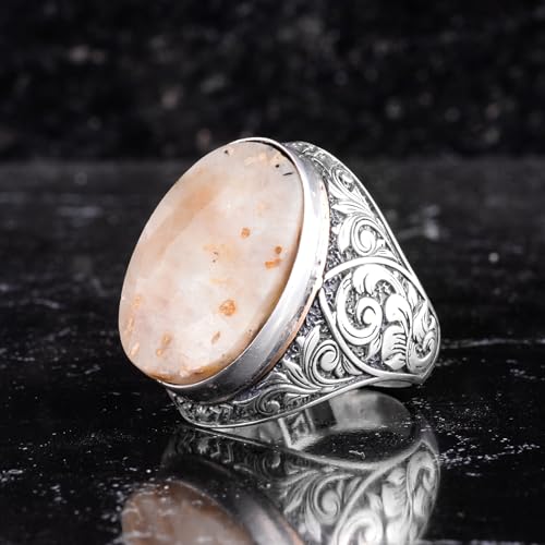 KAMBO Doğal Sarı Safir Taşlı Büyük Yüzük Erkekler için - Yönlü Oval Taş Vintage Kazınmış Bildiri Yüzüğü - 925 Ayar Gümüş