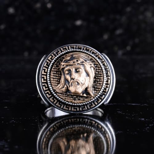 KAMBO 925 Ayar Gümüş Erkek Yüzük Bronz Detaylı El Yapımı Vintage Sembolik Bildirim Yüzüğü (İsa Yüzü)