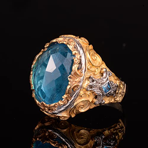 Gümüş Erkek King Big Yüzük, Artificial Mavi Topaz Taş, Altın Kaplama