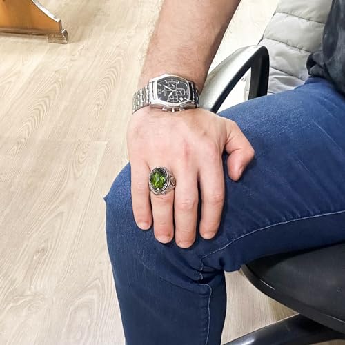 Peridot Taş Yüzük, 925 Ayar Gümüş Yüzük, Stylish El İşi Gümüş Erkek Yüzük