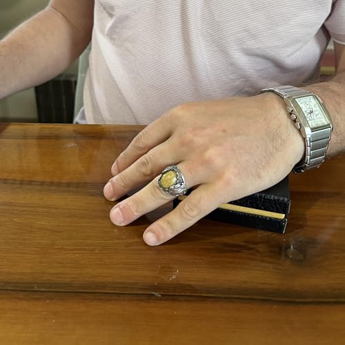 KAMBO Doğal Taşlı Erkek Yüzük 925 Ayar Gümüş - Büyük Çiçek İşlemeli Bildiri Yüzüğü - Erkekler için El Yapımı Vintage Yüz
