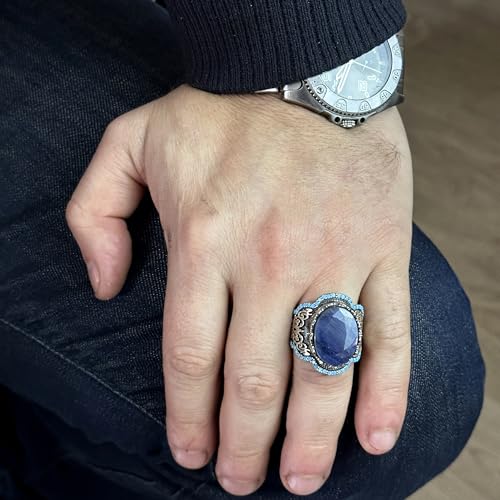 El İşi 925 Ayar Gümüş Erkek Yüzük - Doğal Taş (Safir)