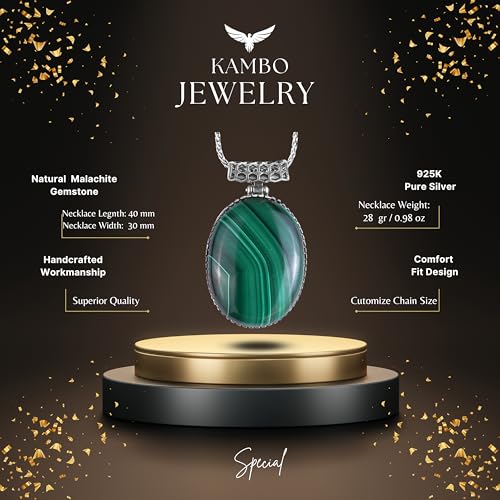 KAMBO Doğal Taşlı Zincirli Erkek Kolye 925 Ayar Gümüş – Oval Taşlı Kolye Büyük Kolye (Malakit) - 4