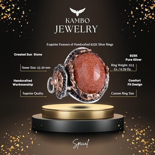 Kahverengi Sunstone Artificial Taş Yüzük, 925K Gümüş Erkek Yüzük, Aslan Symbol Yüzük, Gümüş Fashionable Erkek Yüzük