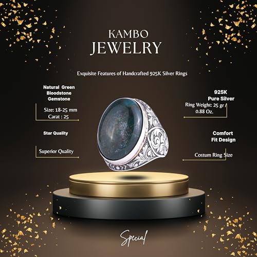 KAMBO Doğal Yeşil Kan Taşı Taşlı Büyük Yüzük Erkekler için - Oval Kabaşon Taşlı Vintage Çiçekli Kazınmış Bildirim Yüzüğü