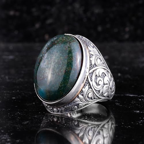 KAMBO Doğal Yeşil Kan Taşı Taşlı Büyük Yüzük Erkekler için - Oval Kabaşon Taşlı Vintage Çiçekli Kazınmış Bildirim Yüzüğü