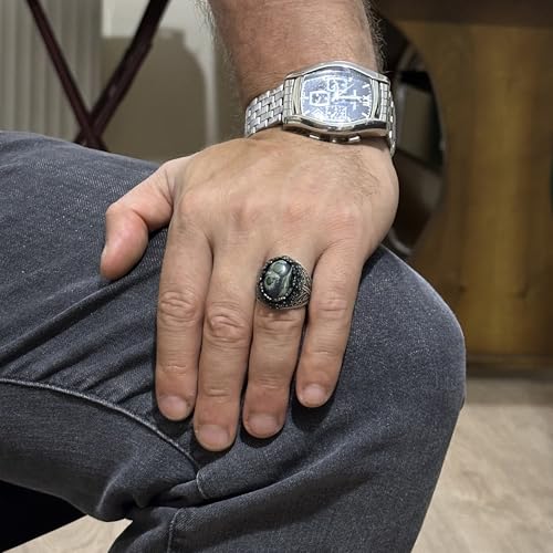 Doğal Yeşil Eye Taş Yüzük - El İşi 925 Ayar Gümüş Erkek Takı