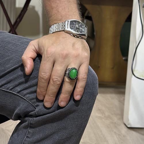 Doğal Yeşim Yüzük - El İşi 925 Ayar Gümüş Erkek Stylish Takı