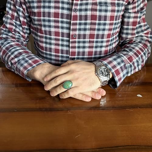 KAMBO Doğal Turkuaz Taş erkek Yüzük 925 Ayar Gümüş Oval Büyük Yüzük El Yapımı Vintage Osmanlı Tarzı Yüzük - 6