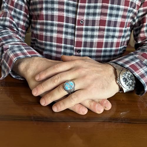 KAMBO Turkuaz Taşlı Erkek Yüzük 925 Ayar Gümüş Doğal Turkuaz Bildirimi Yüzük Vintage Osmanlı Tarzı El Yapımı Erkek Yüzük (Turkuaz-2) - 6