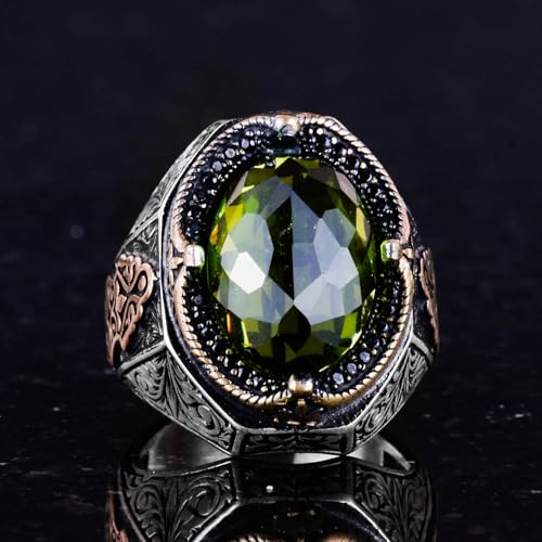 Peridot Taş Yüzük, 925 Ayar Gümüş Yüzük, Stylish El İşi Gümüş Erkek Yüzük