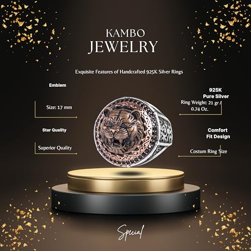 KAMBO Sembol Yüzük Erkekler için 925 Ayar Gümüş Yuvarlak Yüzük Bronz Detaylı El Yapımı Osmanlı Tarzı Bildirimi Takı (Kap