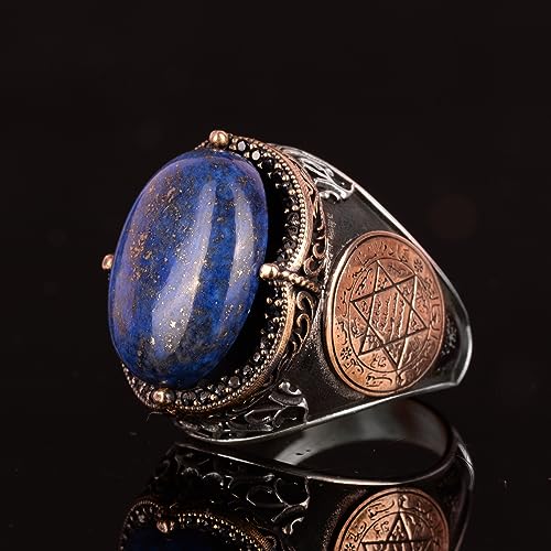 Doğal Lapis Lazuli Taşlı Süleyman Mührü Yüzük - 925 Ayar Masif Gümüş Erkek Yüzük - Bilgelik ve Hakikat Tasarımı