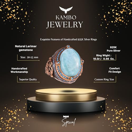 925 Ayar Gümüş Yüzük, El İşi Vintage Erkek Statement Yüzük ile Doğal Larimar Taş