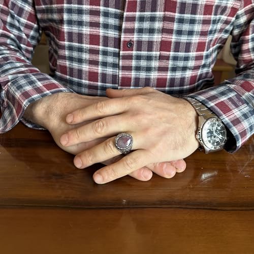 Doğal Safir Taşlı Erkek Yüzük 925 Ayar Gümüş Dişli Çerçeve Siyah Taş Halo El Yapımı Bildiri Yüzüğü (Pembe Safir)