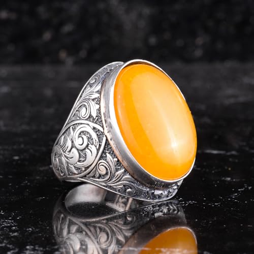 KAMBO Erkekler için Doğal Taşlı Büyük Yüzük - Oval Taşlı Vintage Çiçekli Oyma Bildiri Yüzüğü - 925 Ayar Gümüş El Yapımı
