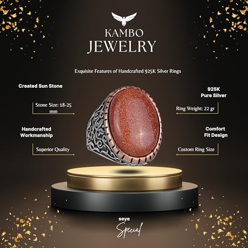 Artificial Taş Yüzük, 925 Ayar Gümüş Erkek Yüzük, Big Yüzük (Kahverengi Sunstone Artificial Taş)