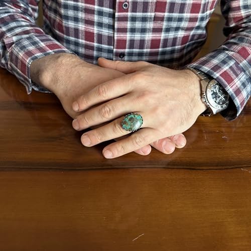 KAMBO Doğal Arizona Turkuaz Taşlı Büyük Yüzük Erkek 925 Ayar Gümüş Taç Çerçeve Oval Kabaşon Osmanlı Desen El Yapımı Bildiri Yüzüğü (Turkuaz-) - 6