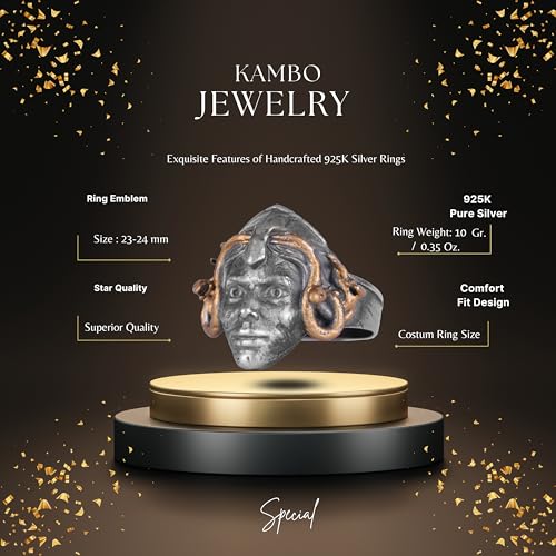 KAMBO 925 Ayar Gümüş Medusa Başlı Erkek Yüzük – El Yapımı Mitolojik Gotik Yüzük (Altın Kaplama)