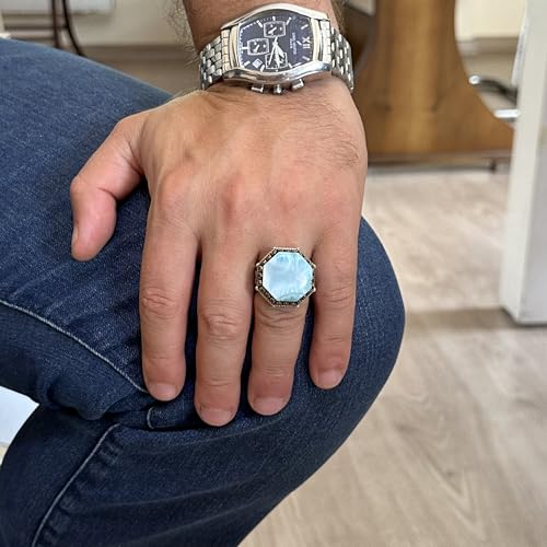 Doğal Larimar Taşlı Sekizgen Yüzük - El İşi 925 Ayar Gümüş Takı