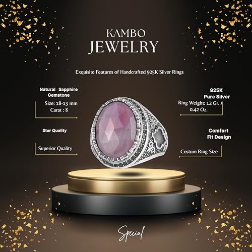 Doğal Safir Taşlı Erkek Yüzük 925 Ayar Gümüş Dişli Çerçeve Siyah Taş Halo El Yapımı Bildiri Yüzüğü (Pembe Safir)