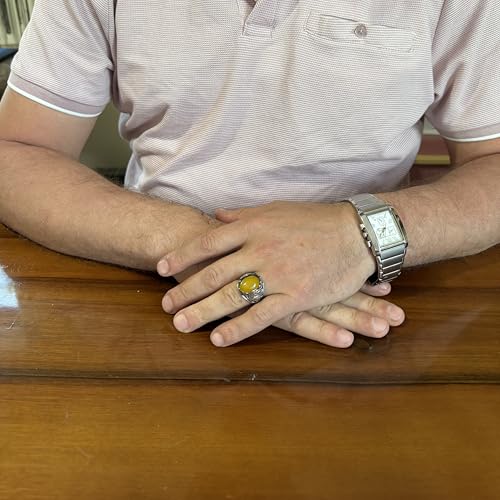 KAMBO Doğal Taşlı Erkek Yüzük 925 Ayar Gümüş - Büyük Çiçek İşlemeli Bildiri Yüzüğü - Erkekler için El Yapımı Vintage Yüz
