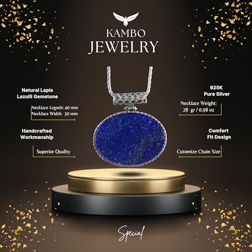 KAMBO Doğal Taşlı Yatay Büyük Erkek Kolye Zincirli 925 Ayar Gümüş – Oval Taşlı Kolye Kolye (Lapis Lazuli) - 4