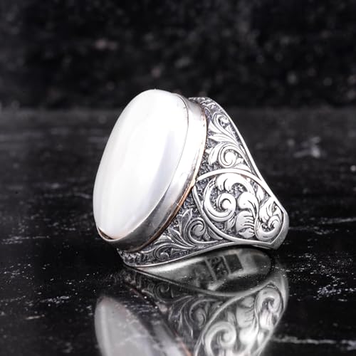 KAMBO Erkekler için Doğal İnci Taşlı Büyük Yüzük - Oval Beyaz Taş Vintage Kazınmış Bildiri Yüzüğü - 925 Ayar Gümüş El Ya
