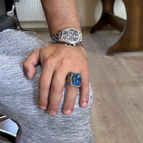 925 Ayar Gümüş İslami Yüzük, Artificial Taş Yüzük, El İşi Calligraphy Yüzük (Artificial Mavi Topaz)