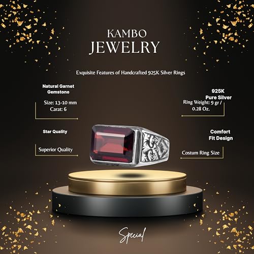 KAMBO Doğal Garnet Taş Erkek Yüzük 925 Ayar Gümüş Dikdörtgen Garnet Yüzük El Yapımı Vintage Stil Bildirimi Takı - 4