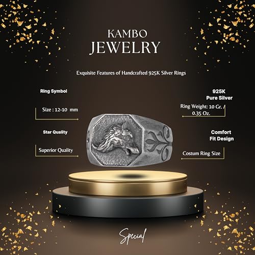 KAMBO 925 Ayar Gümüş Kurt Kafası Erkek Yüzüğü – El Yapımı Hayvan Sembolü Takı – Dekoratif Yan İşlemeli Gotik Bildiri Yüz