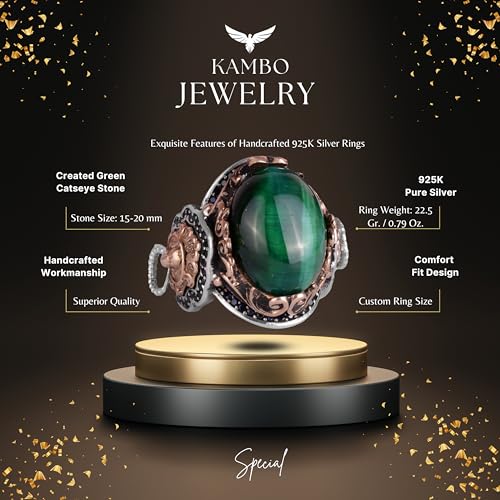 Aslan Symbol Yüzük, Yeşil Cat's Eye Taş Yüzük, 925 Ayar Gümüş Erkek Yüzük