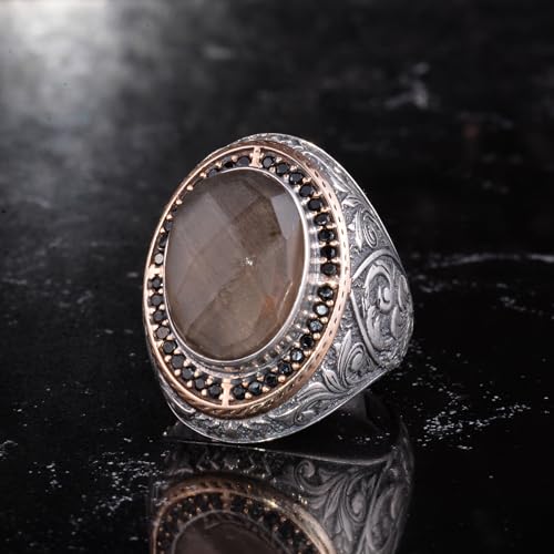 Erkekler için Doğal Taşlı Büyük Yüzük – Oval Taşlı Vintage Bizans Kazınmış Açıklama Yüzüğü-Antik Telkari 925 Ayar Gümüş