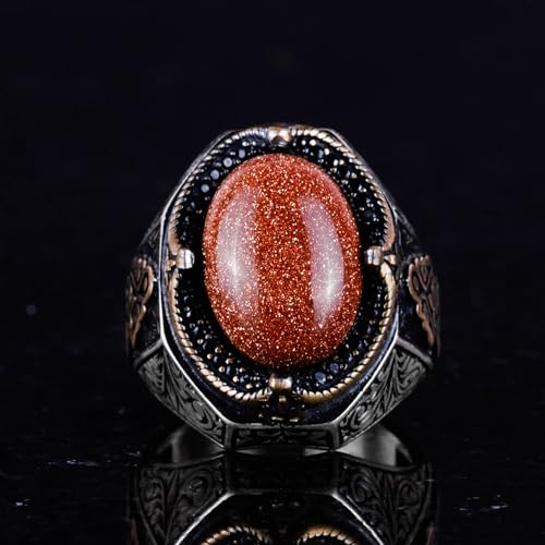 925 Ayar Gümüş Erkek Yüzük, Kahverengi Sunstone Artificial Taş Yüzük, Gümüş Stylish Erkek Yüzük