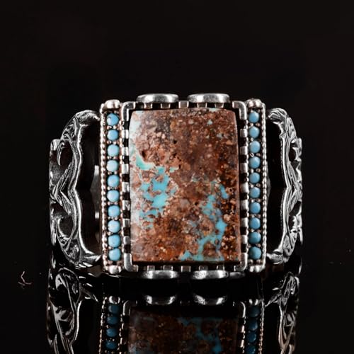 Rectangular Gümüş Yüzük, 925 Doğal Arizona Turkuaz Taş Yüzük (Style-3)